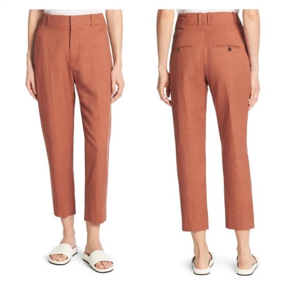 Vince Pants Womens 8 Terracotta Linen Blend Carrot Sateen Crop Slim Tapered Work - Picture 1 of 12